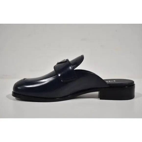 Prada Navy Blue Leather Triangle Silver Logo Loafer Slip On Slide Mule Flat 36.5